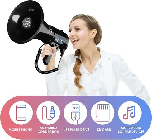 50w Megaphone with LED, Siren Alarm, 240s Recording & USB/3.5mm AUX/Bluetooth Input - Rechargeable Battery, for Police, Cheerleading, Outdoor(Black) in Kuwait