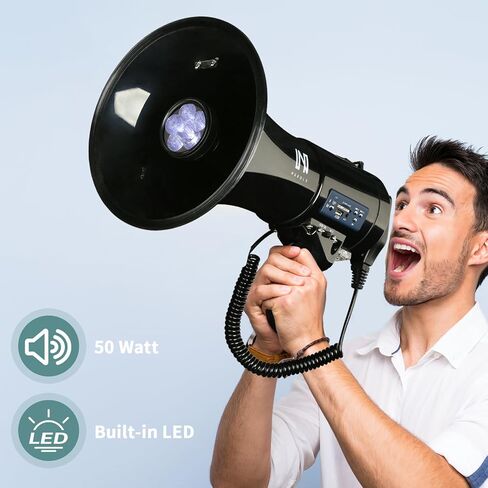 50w Megaphone with LED, Siren Alarm, 240s Recording & USB/3.5mm AUX/Bluetooth Input - Rechargeable Battery, for Police, Cheerleading, Outdoor(Black) in Kuwait