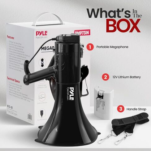 Pyle 100-Watt Square Megaphone Bullhorn, Lightweight and Portable Loud Air Horn with Aux (3.5mm) Input for MP3/Music, Automatic Siren, MIC/Talk (Black), 1500 Square Yards Projection Range in Saudi Arabia