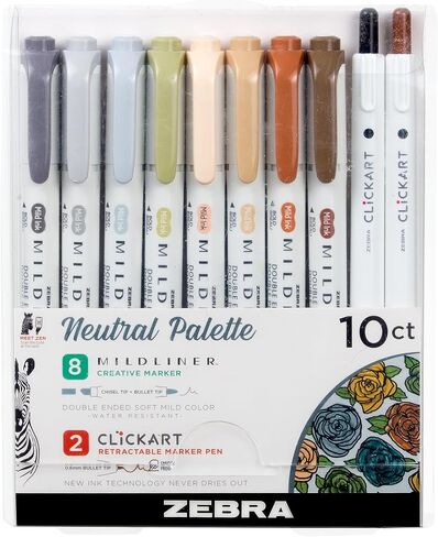 Neutral Palette Set, Includes 8 Mildliner Highlighters and 2 ClickArt Markers, Assorted Neutral Vintage Ink Colors, 10-Pack (78601) in Saudi Arabia
