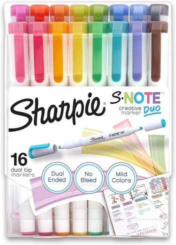 Sharpie S-Note Duo Dual-Ended Creative Marker Set, Part Highlighter Marker, Part Art Marker, Assorted Colors, Fine and Chisel Tip Marker, Includes Stand-up Easel, 16 Count in Saudi Arabia