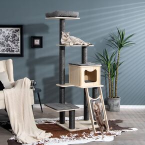 Tangkula Tall Cat Tree، 69 بوصة 5-Tier Wood Cat Tower مع خدش المشاركات السيزال، جثم أعلى، شقة القط لطيف، شجرة القط الحديثة مع وسائد قابلة للغسل للقطط الداخلية الكبار الكبار (رمادي)