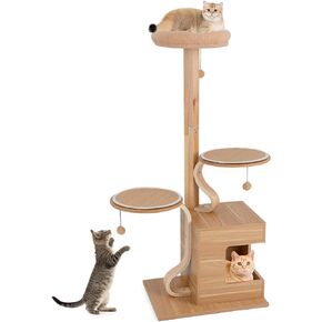 Tangkula Modern Cat Tree, 51 Inch Tall Cat Tower with Solid Wood Post, Curved Plywood Frame, Cat Condo, Perch, Washable Cushions, 4-Layer Cat Activity Center, Cat Tree for Indoor Cats Large Adult