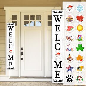 Welcome Sign for Front Porch Standing, 47 X 7.9 Inch Welcome Door Sign with 16 Interchangeable Farmhouse Seasonal Welcome Sign Decor Front Door Porch for Outdoor and Indoor Welcome Home Decor Sign
