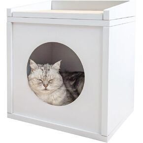 Multi-Functional Cat House – Cat Condo with Cardboard Scratcher, Scratching Post, Bed & Toy Storage, Cozy Cat Furniture & Accessories for Indoor Cats, White