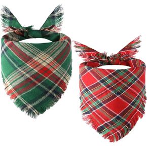 2pcs Christmas Dog Bandanas, Stylish Plaid Dog Bandana with Tassel Edges Multiple Size Christmas Dog Scarf Pet Bandanas for Small, Medium, Large Dog