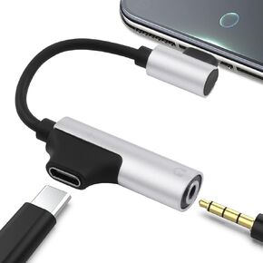 Right Angle USB C to 3.5mm Headphone and Charger Adapter,2 in 1 USB C to Aux Audio Jack & Fast Charging Dongle Cable Compatible with Google Pixel 4 3 XL Huawei P40 P30 (Silver)