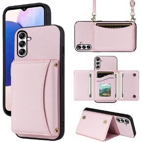 Phone Case for Samsung Galaxy A15 5G/4G Wallet Cover with Crossbody Shoulder Strap and Leather Credit Card Holder Pocket Slim Flip Purse Stand Cell Accessories A 15 G5 15A Girls Women Pink