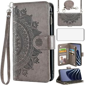 Asuwish Phone Case for OnePlus 10 Pro One Plus 10Pro 5G Wallet Cell Cover with Screen Protector Lanyard Wrist Strap Mandala Flower Zipper Card Holder On 1Plus 1 + Plus10 1+ Pro Ten Women Girls Gray