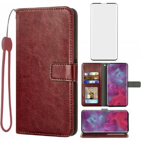 Asuwish Compatible with Motorola Moto Edge/Motoedge 5G Wallet Case Tempered Glass Screen Protector and Leather Flip Cover Card Holder Stand Cell Accessories Full Body Phone Cases for Women Men Brown