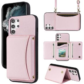 Phone Case for Samsung Galaxy S24 Ultra 5G Wallet Cover with Crossbody Shoulder Strap and Leather Credit Card Holder Pocket Slim Stand Cell Accessories S24Ultra 24S S 24 24Ultra Girls Red