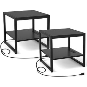 Homieasy End Table with Charging Station, 20 Inch Square Side Table with USB Ports & Power Outlets, Industrial Nightstand with 2-Tier Storage Shelf, Mini Fridge Stand for Small Spaces, Rustic Brown