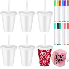 6 Pcs Paint Your Own Cups with 12 Color Pen DIY Kit Paintable Plastic Cups with Lids and Straws Personalized Tumblers DIY Goodie Cups for Color Your own Craft Supplies (24oz)