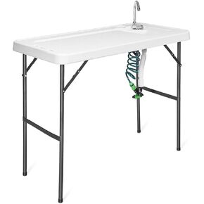 Goplus Portable Fish Cleaning Table with Sink, Folding Outdoor Camping Sink Station with Hose Hook Up, Heavy Duty Fillet Table with Faucet for Dock Beach Patio Picnic
