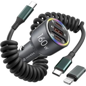 160W USB C Car Charger Fast Charging,HUNDA iPhone 15 Car Charger,Dual USB C Car Charger with 3 Ports PD 100W&PD 30W Fast Charge Car Charger for iPhone 15/15 pro/15 Pro Max,Galaxy s24/s23/s22 ect