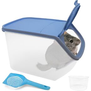 BNOSDM Large Chinchilla Sand Bath Container Large Chinchilla Dust Bath Tub Transparent Hamster Toilet Shower Room Plastic Hamster Bathroom Kit with Leaky Scoop for Big Mice Hedgehog Squirrel (Blue)