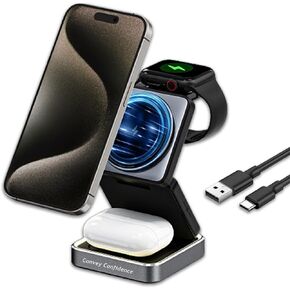 Wnireless Charger iPhone Charger Station：3 in 1 Charger Stand Multiple Devices for Apple-Foldable Charging Pad for iPhone 16/15/14/13/12, Apple Watch & AirPods Pro/3/2