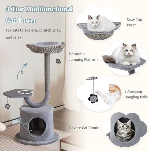 Tangkula Cat Tree for Indoor Cats, 42 Inch Cute Cat Tower with Curved Metal Supporting Frame, Sisal Scratching Posts, Top Perch, Cat Condo, 3-Layer Small Flower Cat Tree Tower in Kuwait