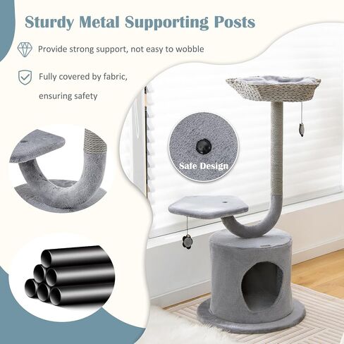 Tangkula Cat Tree for Indoor Cats, 42 Inch Cute Cat Tower with Curved Metal Supporting Frame, Sisal Scratching Posts, Top Perch, Cat Condo, 3-Layer Small Flower Cat Tree Tower in Kuwait