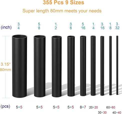Heat Shrink Tubing Kit 355pcs - 3:1 Dual Wall Adhesive Lined - Electrical Waterproof Industrial Heat-Shrink Tubing Terminals- Marine Grade Wire Connector Shrink Wrap Tube - 3.15" Length - Black in Saudi Arabia