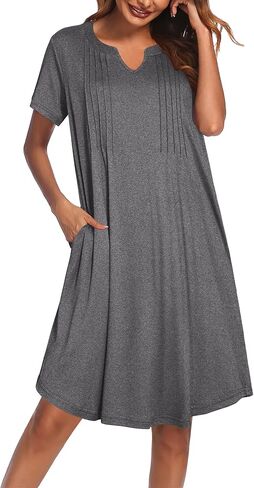 Ekouaer Nightgowns for Women Short Sleeve Sleepshirt Pleated Night Shirt V Neck Sleepdress House Dress with Pockets in Kuwait