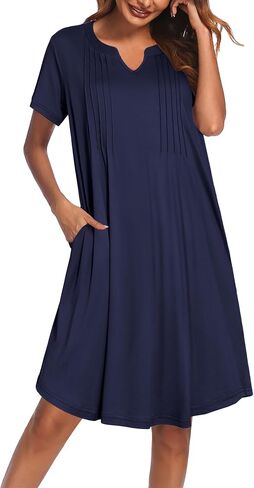 Ekouaer Nightgowns for Women Short Sleeve Sleepshirt Pleated Night Shirt V Neck Sleepdress House Dress with Pockets in Kuwait