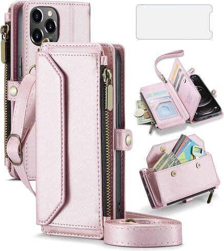 Asuwish Phone Case for iPhone 12 Pro iPhone12 6.1 Zipper Wallet Cover with Tempered Glass Screen Protector and Flip RFID Blocking Cash Card Holder Cell iPhone12pro 5G i 12s 12pro Women Girls Rose Gold in Saudi Arabia