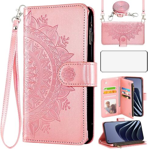 Asuwish Phone Case for OnePlus 10 Pro One Plus 10Pro 5G Wallet Cell Cover with Screen Protector Lanyard Wrist Strap Mandala Flower Zipper Card Holder On 1Plus 1 + Plus10 1+ Pro Ten Women Girls Gray in Saudi Arabia
