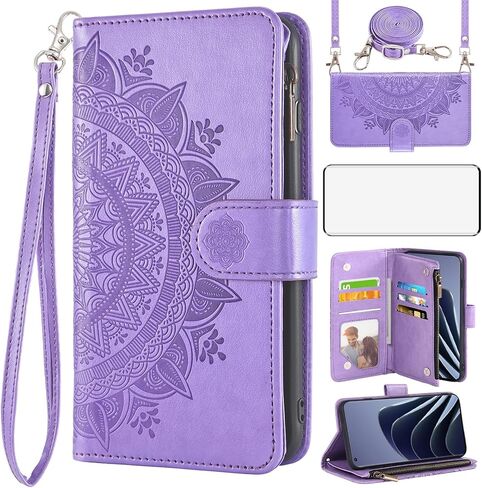 Asuwish Phone Case for OnePlus 10 Pro One Plus 10Pro 5G Wallet Cell Cover with Screen Protector Lanyard Wrist Strap Mandala Flower Zipper Card Holder On 1Plus 1 + Plus10 1+ Pro Ten Women Girls Gray in Saudi Arabia