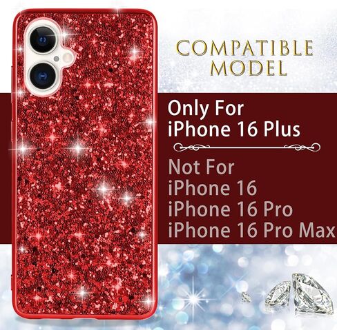 Silicone Case for iPhone 16 Plus 5G Case Glitter Sparkle Bling, Hybrid Matte Back Case High Impact Heavy Duty Shockproof Protective Cover for iPhone 16 Plus Cute Case for Women 6.7" (Red) in Saudi Arabia