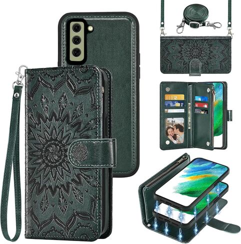 Phone Case for Samsung Galaxy S21 FE 5G Zipper Wallet Magnetic Detachable Cell Cover with Screen Protector Crossbody Lanyard Strap Flower Flip Card Holder Slot S21FE UW 6.4 inch Women Men Dark Green in Saudi Arabia