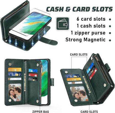 Phone Case for Samsung Galaxy S21 FE 5G Zipper Wallet Magnetic Detachable Cell Cover with Screen Protector Crossbody Lanyard Strap Flower Flip Card Holder Slot S21FE UW 6.4 inch Women Men Dark Green in Saudi Arabia