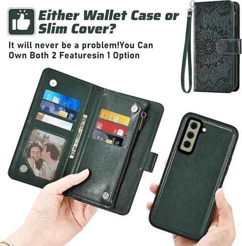 Phone Case for Samsung Galaxy S21 FE 5G Zipper Wallet Magnetic Detachable Cell Cover with Screen Protector Crossbody Lanyard Strap Flower Flip Card Holder Slot S21FE UW 6.4 inch Women Men Dark Green in Saudi Arabia