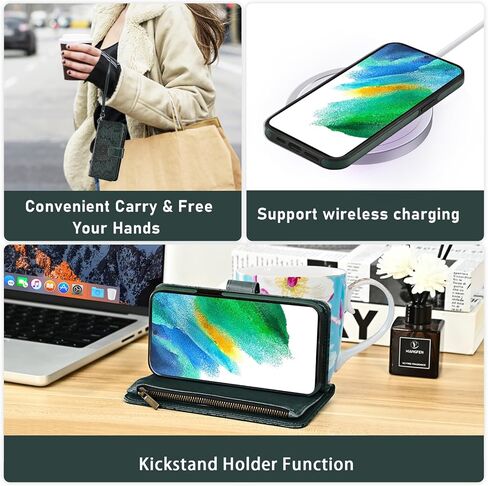 Phone Case for Samsung Galaxy S21 FE 5G Zipper Wallet Magnetic Detachable Cell Cover with Screen Protector Crossbody Lanyard Strap Flower Flip Card Holder Slot S21FE UW 6.4 inch Women Men Dark Green in Saudi Arabia
