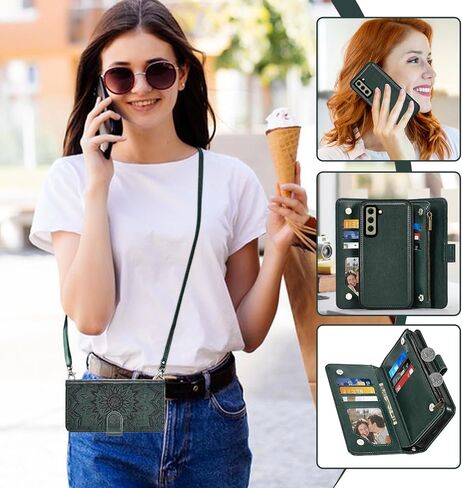Phone Case for Samsung Galaxy S21 FE 5G Zipper Wallet Magnetic Detachable Cell Cover with Screen Protector Crossbody Lanyard Strap Flower Flip Card Holder Slot S21FE UW 6.4 inch Women Men Dark Green in Saudi Arabia
