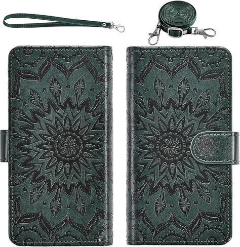 Phone Case for Samsung Galaxy S21 FE 5G Zipper Wallet Magnetic Detachable Cell Cover with Screen Protector Crossbody Lanyard Strap Flower Flip Card Holder Slot S21FE UW 6.4 inch Women Men Dark Green in Saudi Arabia