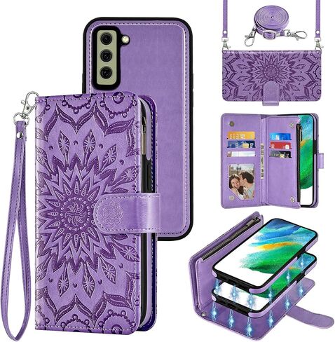 Phone Case for Samsung Galaxy S21 FE 5G Zipper Wallet Magnetic Detachable Cell Cover with Screen Protector Crossbody Lanyard Strap Flower Flip Card Holder Slot S21FE UW 6.4 inch Women Men Dark Green in Saudi Arabia