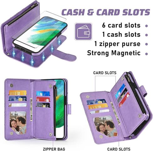 Phone Case for Samsung Galaxy S21 FE 5G Zipper Wallet Magnetic Detachable Cell Cover with Screen Protector Crossbody Lanyard Strap Flower Flip Card Holder Slot S21FE UW 6.4 inch Women Men Dark Green in Saudi Arabia