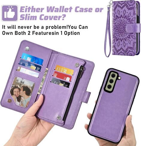 Phone Case for Samsung Galaxy S21 FE 5G Zipper Wallet Magnetic Detachable Cell Cover with Screen Protector Crossbody Lanyard Strap Flower Flip Card Holder Slot S21FE UW 6.4 inch Women Men Dark Green in Saudi Arabia