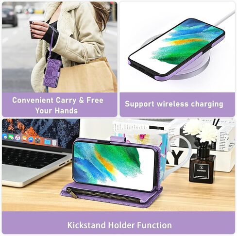 Phone Case for Samsung Galaxy S21 FE 5G Zipper Wallet Magnetic Detachable Cell Cover with Screen Protector Crossbody Lanyard Strap Flower Flip Card Holder Slot S21FE UW 6.4 inch Women Men Dark Green in Saudi Arabia