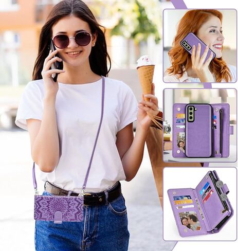 Phone Case for Samsung Galaxy S21 FE 5G Zipper Wallet Magnetic Detachable Cell Cover with Screen Protector Crossbody Lanyard Strap Flower Flip Card Holder Slot S21FE UW 6.4 inch Women Men Dark Green in Saudi Arabia