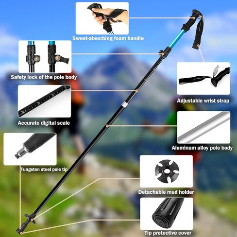 Poles Collapsible Hiking Poles- Lightweight Aluminum Foldable Trekking Walking Telescopic, Collapsible, Ultralight for Men and Women Hiking, Camping （Black 1Pack） in Saudi Arabia