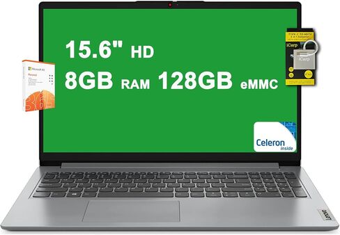 Lenovo IdeaPad 1 Student Laptop 15.6" HD Anti-Glare Intel Celeron N4500 4GB RAM 128GB eMMC USB-C Privacy Camera Long-Lasting Battery Microsoft365 (1-Year) Win11 w/ICP Accessory in Saudi Arabia