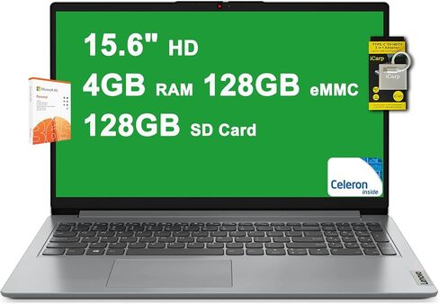 Lenovo IdeaPad 1 كمبيوتر محمول للطلاب مقاس 15.6 بوصة عالي الدقة مضاد للتوهج Intel Celeron N4500 وذاكرة وصول عشوائي سعتها 4 جيجابايت وذاكرة وصول عشوائي سعتها 128 جيجابايت eMMC وكاميرا خصوصية USB-C بطارية طويلة الأمد Microsoft365 (لمدة عام) Win11 مع ملحق IC in Saudi Arabia
