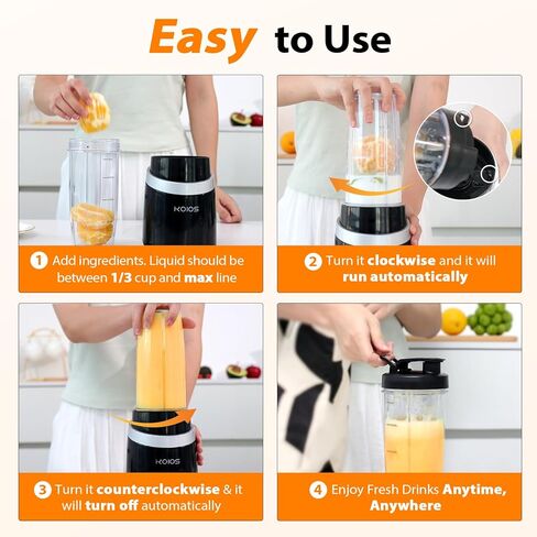 خلاط KOIOS للعصائر، مجموعة خلاط ومطحنة شخصية بقدرة 1000 واط للمطبخ مع أكواب سموثي محمولة سعة 2 × 27 أونصة مع أغطية سهلة الاستخدام، كوب قهوة سعة 12 أونصة مع غطاء مانع للتسرب خالٍ من مادة BPA لأغذية الأطفال والمشروبات المثلجة in Kuwait