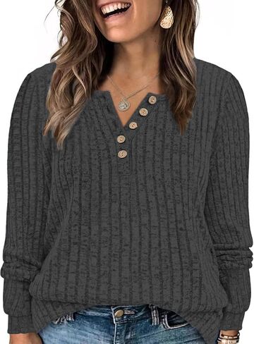 ROSRISS Womens-Plus-Size-Tops Trendy Long Sleeve Henley Shirts Casual Ribbed Knit Tunics Dressy Crewneck Pullover Sweaters in Kuwait