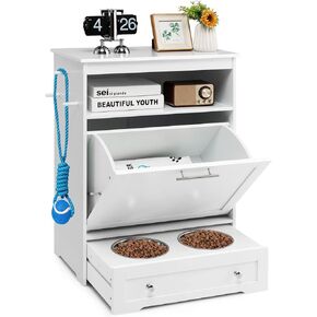 Tangkula Pet Feeder Station, Dog Food Storage Container with Double Pull Out Dog Bowls, Pet Food Toy Organizer Cabinet, Pet Feeding Station Furniture for Dogs Cats Feeding & Watering Supplies (White)