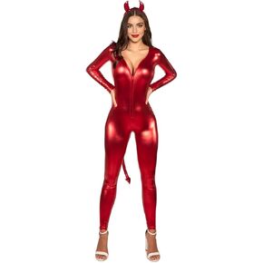 Tipsy Elves Classic Red Devil Halloween Costume for Women Long Sleeve Bodysuit with Devil’s Horns Headband