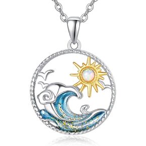 Wave Necklace Opal Necklace for Women Sterling Silver Sun Necklace Sunrise to Sunset Opal Jewelry Anniversary Birthday Gifts for Daughter Wife Mom Girls Her