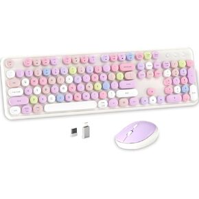 Colorful Wireless Computer Keyboard and Mouse Combo with Round Typewriter Keycaps, Retro Design, Power Switch, Ergonomic Design, 2.4GHz Wireless for Windows, Mac, PC(White-Colorful)